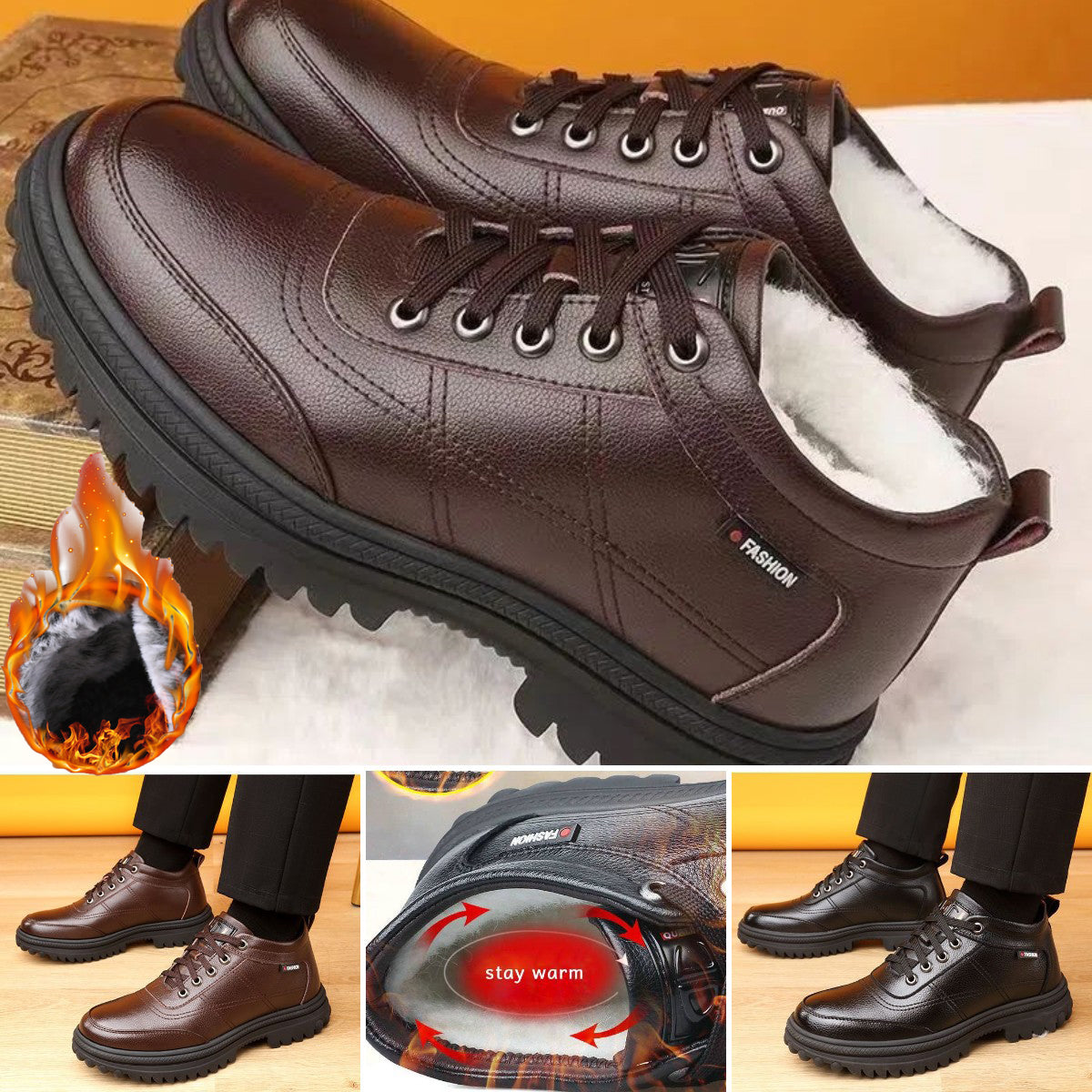 🔥Oferta ograniczona czasowo🔥[39-44] Zimowe, pogrubione, puszyste, ciepłe męskie skórzane buty na grubej podeszwie--3786851