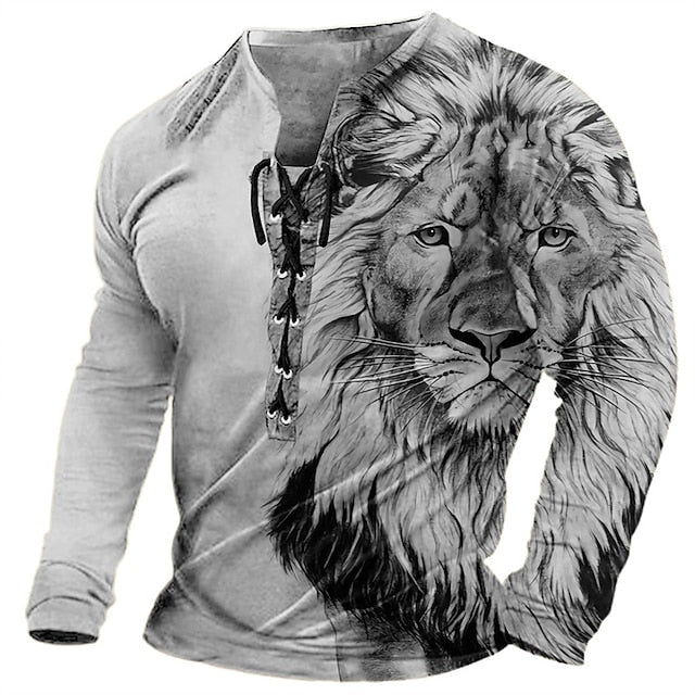 🦁🦁Męski, swobodny T-shirt z długim rękawem i nadrukiem 3D-3750289