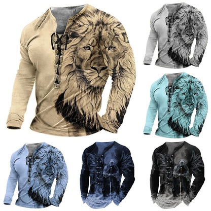 🦁🦁Męski, swobodny T-shirt z długim rękawem i nadrukiem 3D-3750289