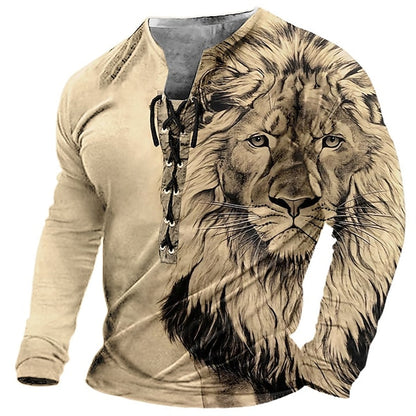 🦁🦁Męski, swobodny T-shirt z długim rękawem i nadrukiem 3D-3750289