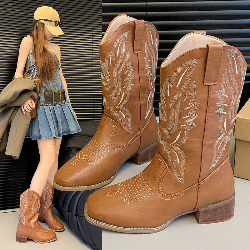 👢【35-42】2024 nowe damskie buty retro kowbojskie skórzane buty w stylu western-3777101