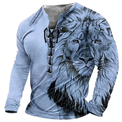 🦁🦁Męski, swobodny T-shirt z długim rękawem i nadrukiem 3D-3750289