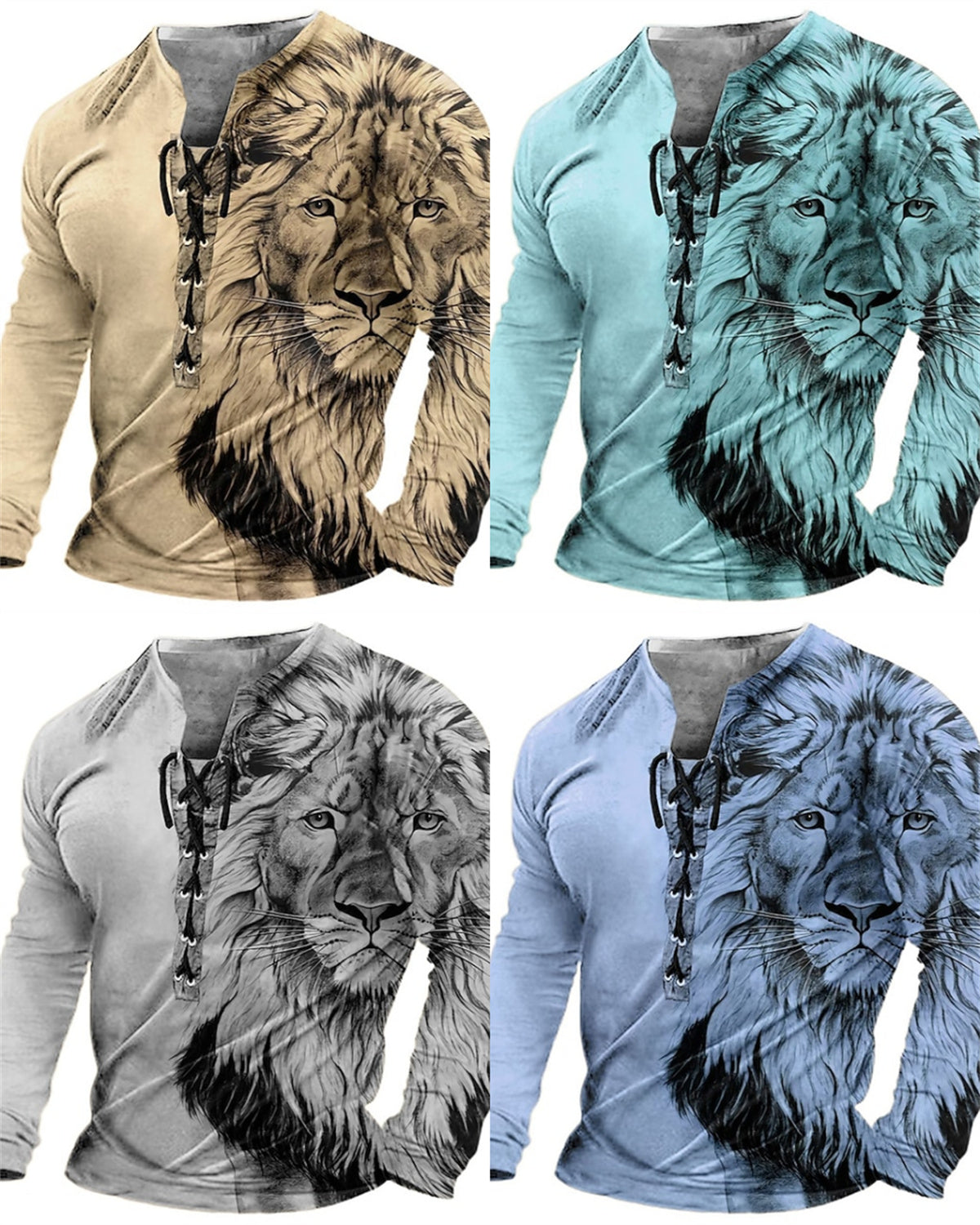 🦁🦁Męski, swobodny T-shirt z długim rękawem i nadrukiem 3D-3750289