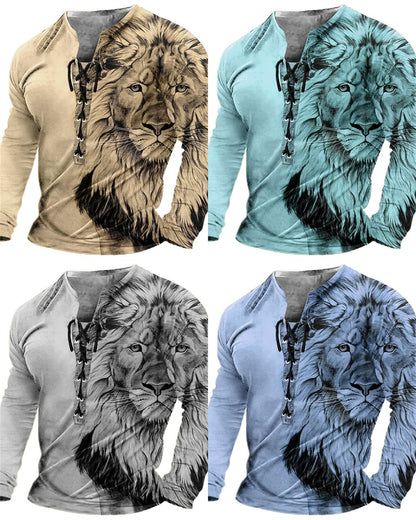 🦁🦁Męski, swobodny T-shirt z długim rękawem i nadrukiem 3D-3750289